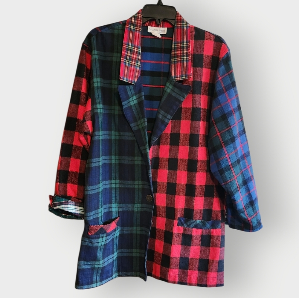 90's Color Block Tartan Plaid Women's Blazer